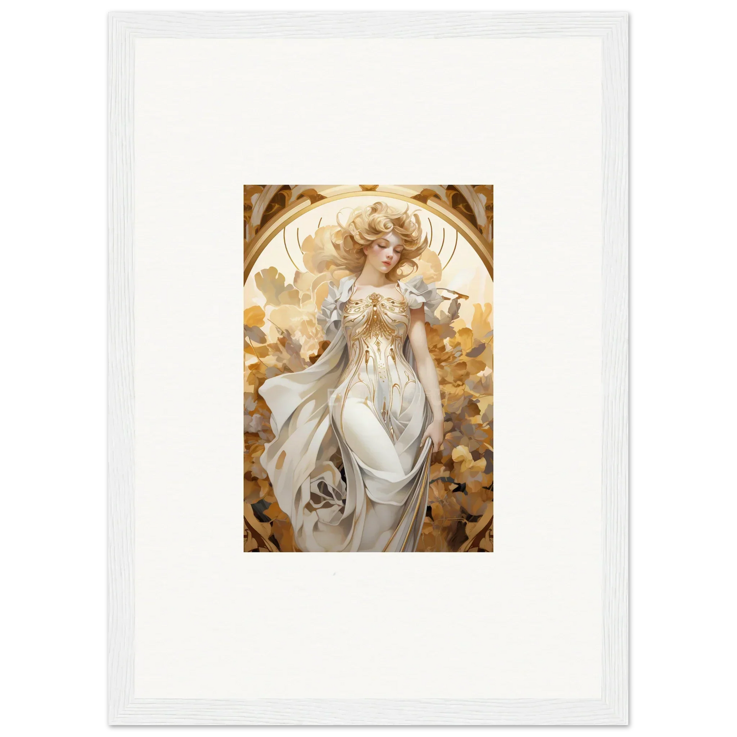 Framed wall art of an ethereal woman wearing daydream with golden leaves for room decor