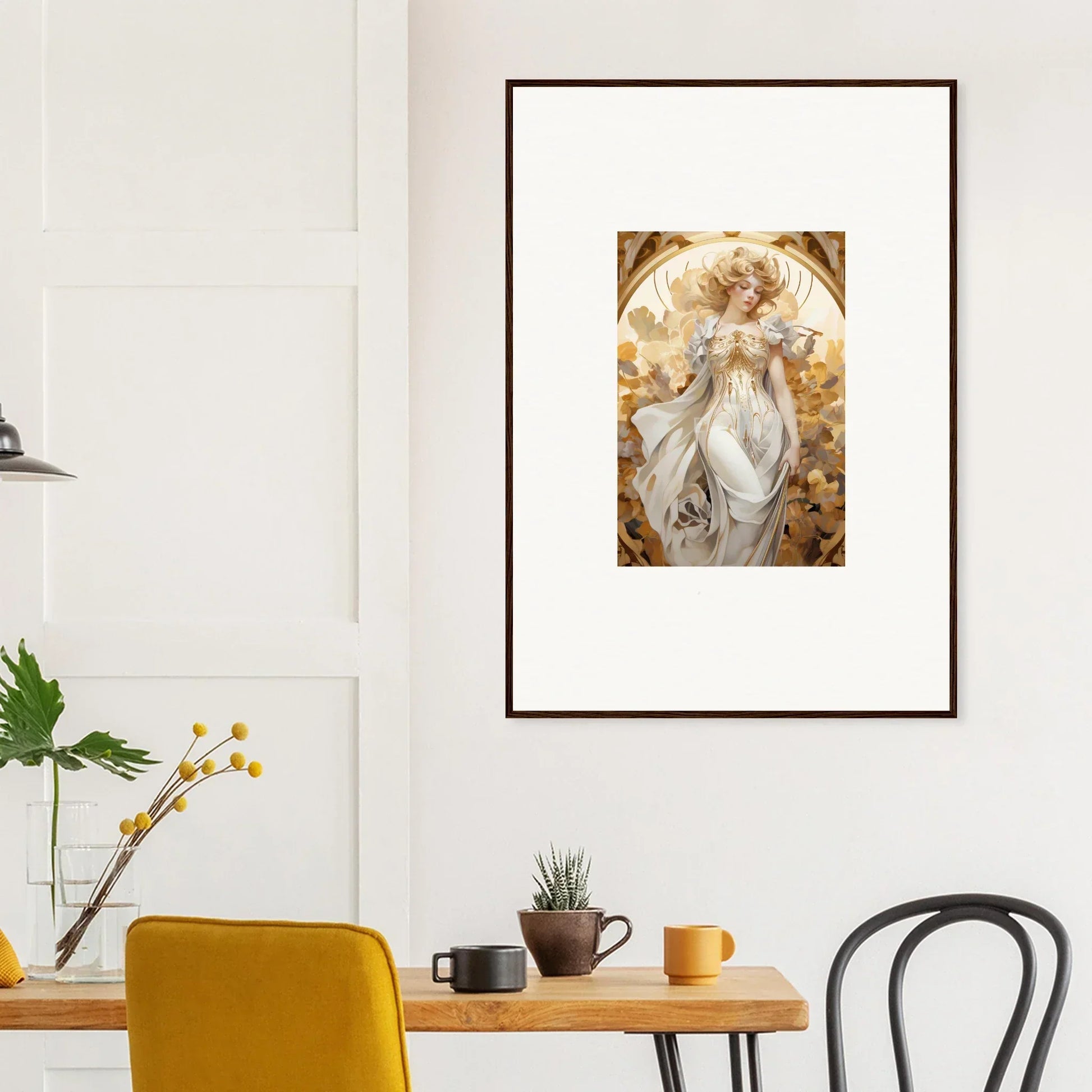 Framed wall art featuring an ethereal female figure in golden hues for room decor