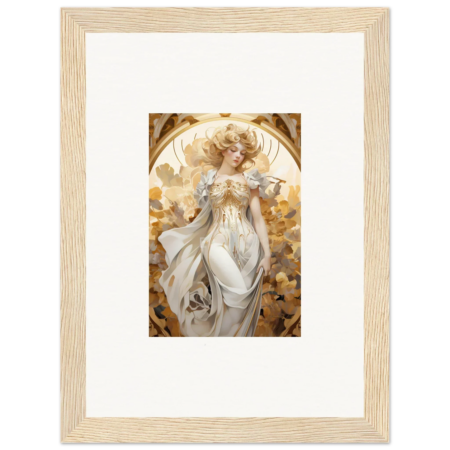 Framed wall art of an ethereal woman in white robes for elegant room decor