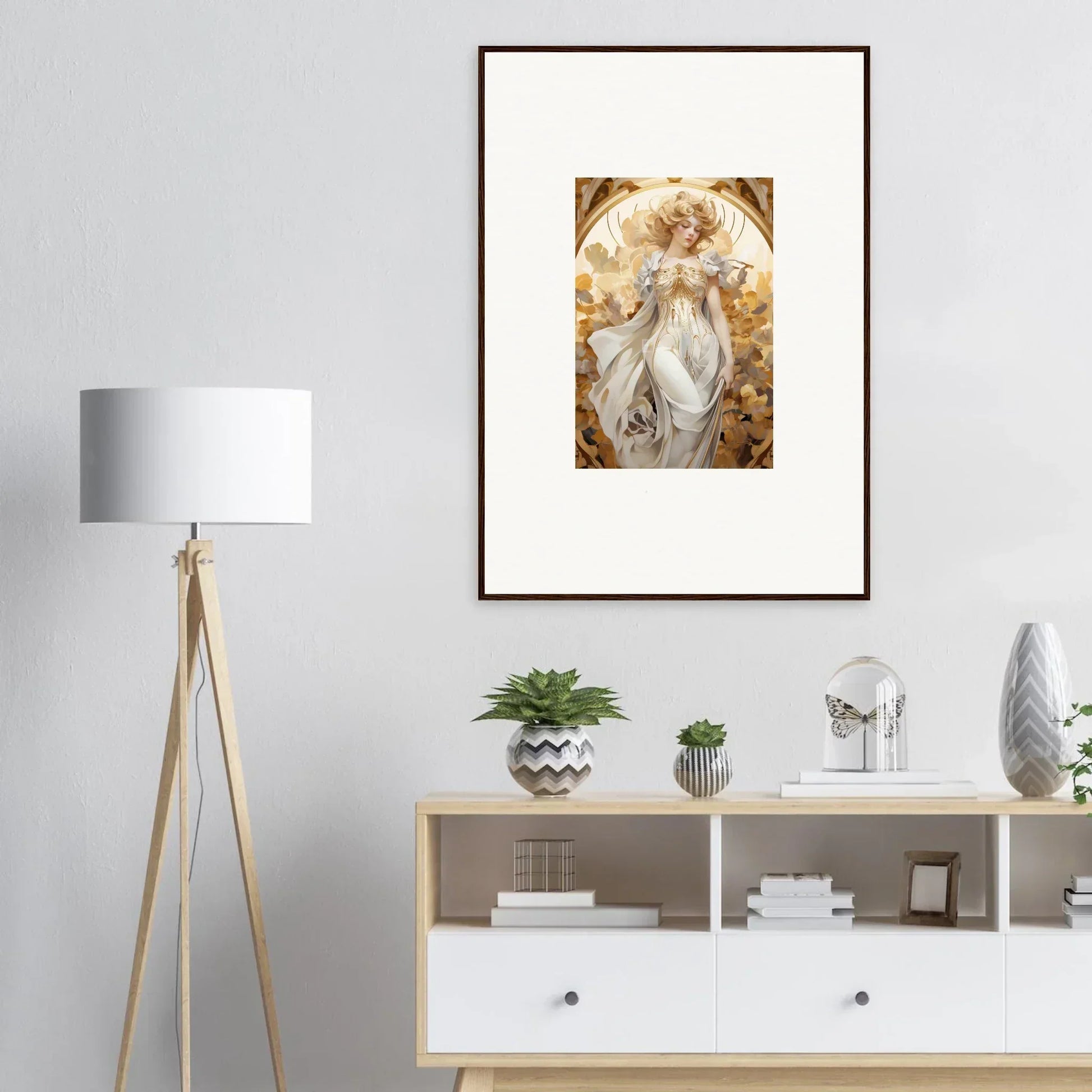 Framed Art Nouveau painting of a woman in white robes for elegant room decor