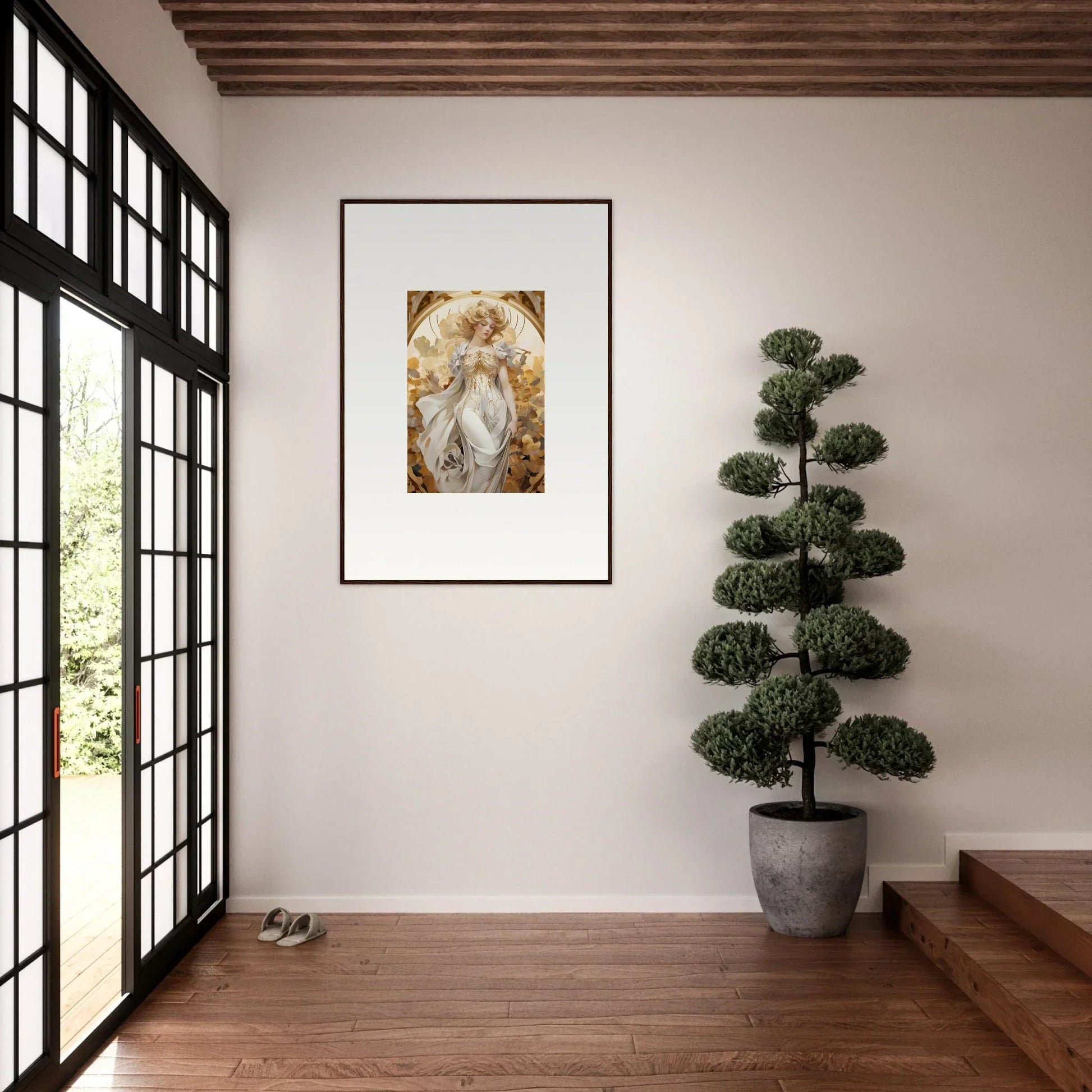 Framed wall art of a white horse in autumn foliage for elegant room decor