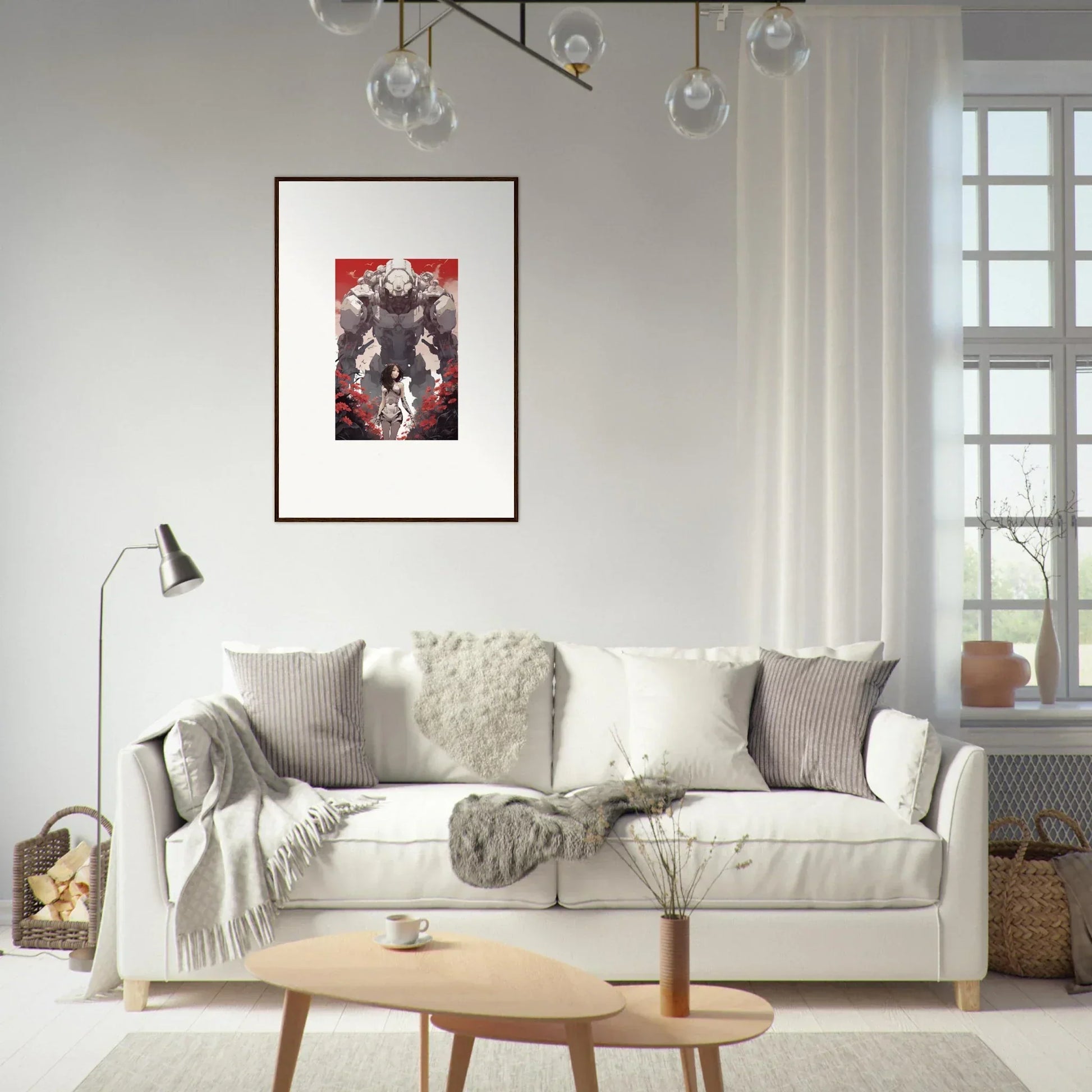 White sofa with throw pillows and blankets in a chic Rouge Blooming room decor setting