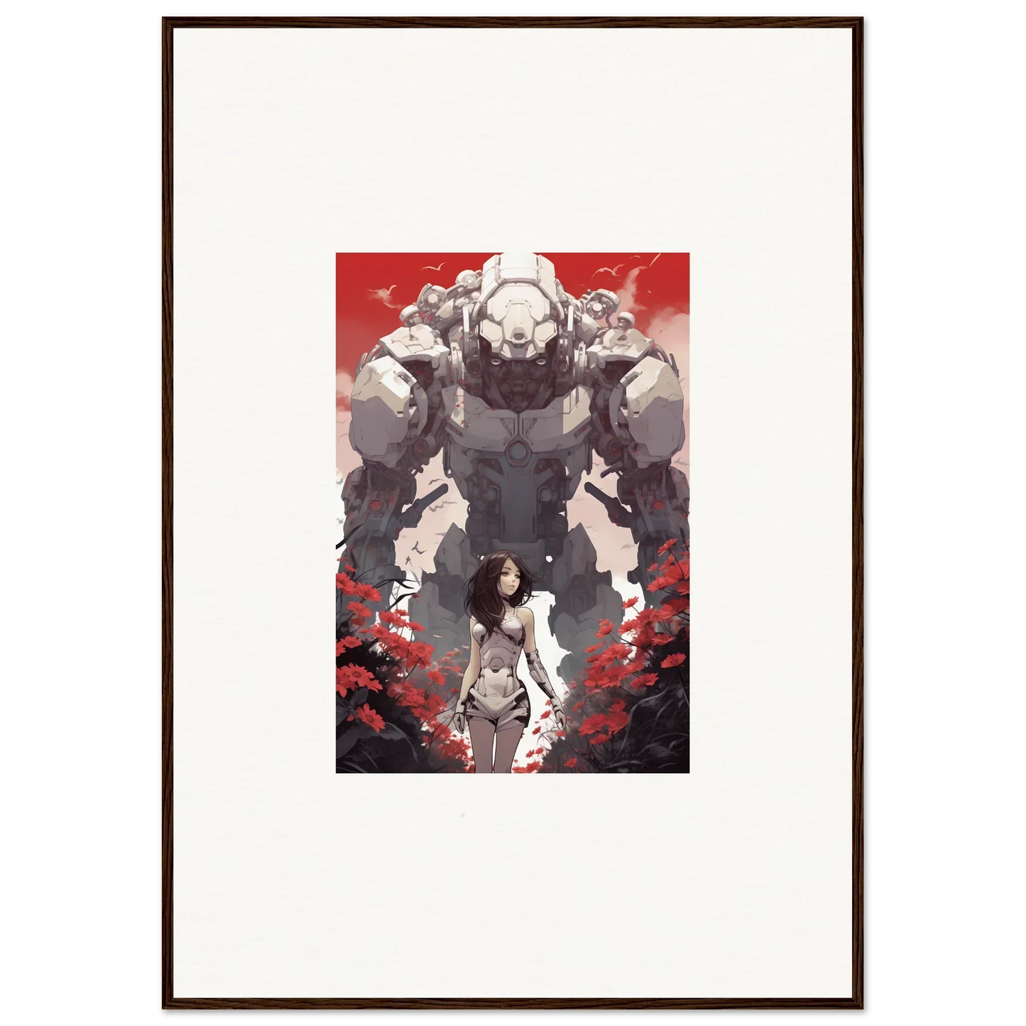 Framed wall art of a woman and robotic figure on a red background for room decor