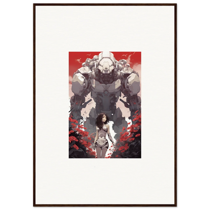 Framed wall art of a woman and robotic figure on a red background for room decor