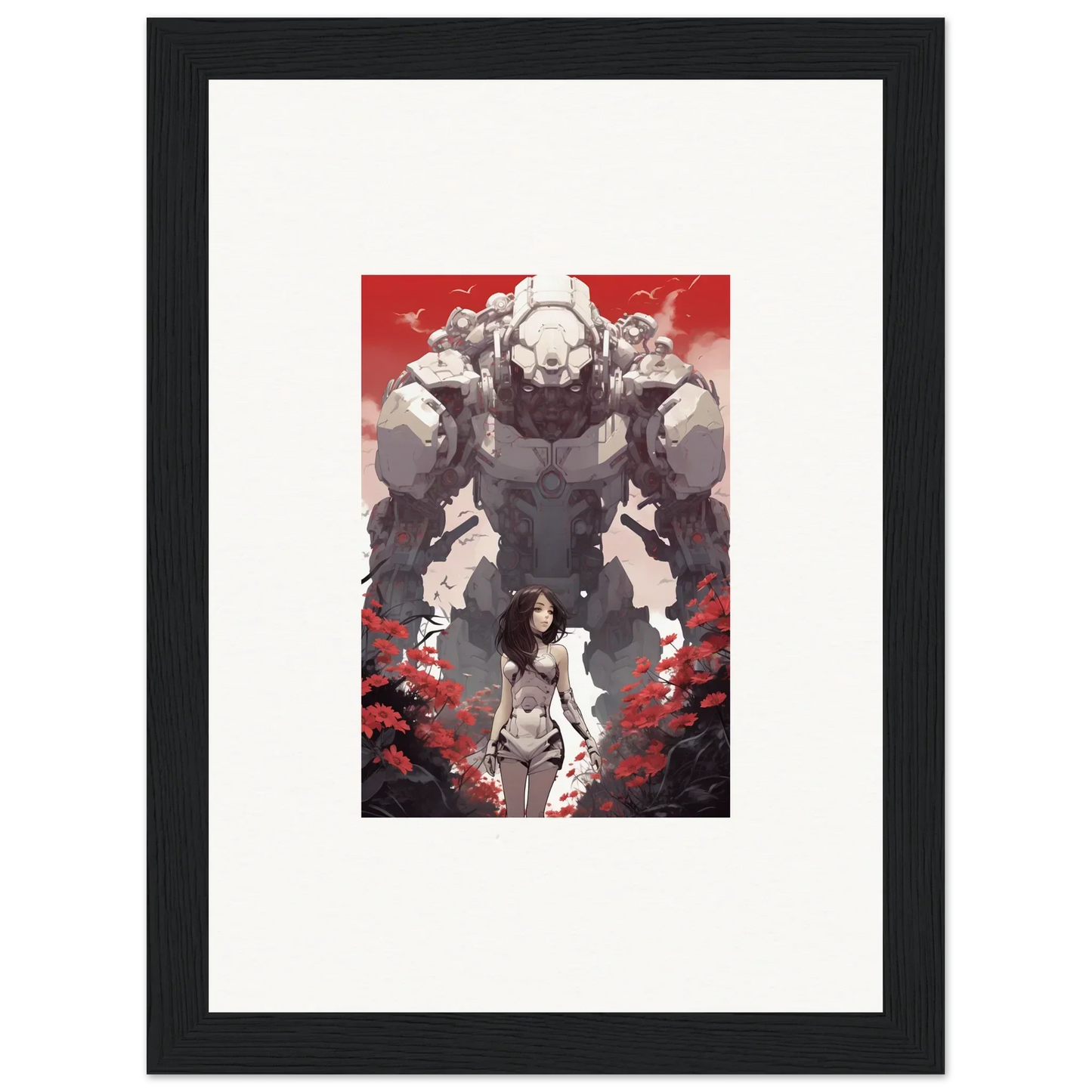 Framed wall art featuring a woman and giant robot on a red background, perfect for room decor