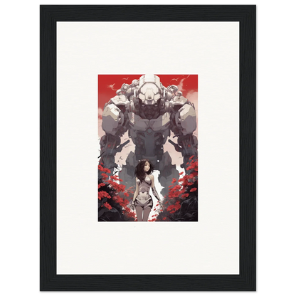 Framed wall art featuring a woman and giant robot on a red background, perfect for room decor