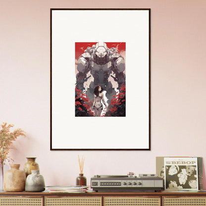 Framed wall art of a menacing robotic figure on a red background for room decor