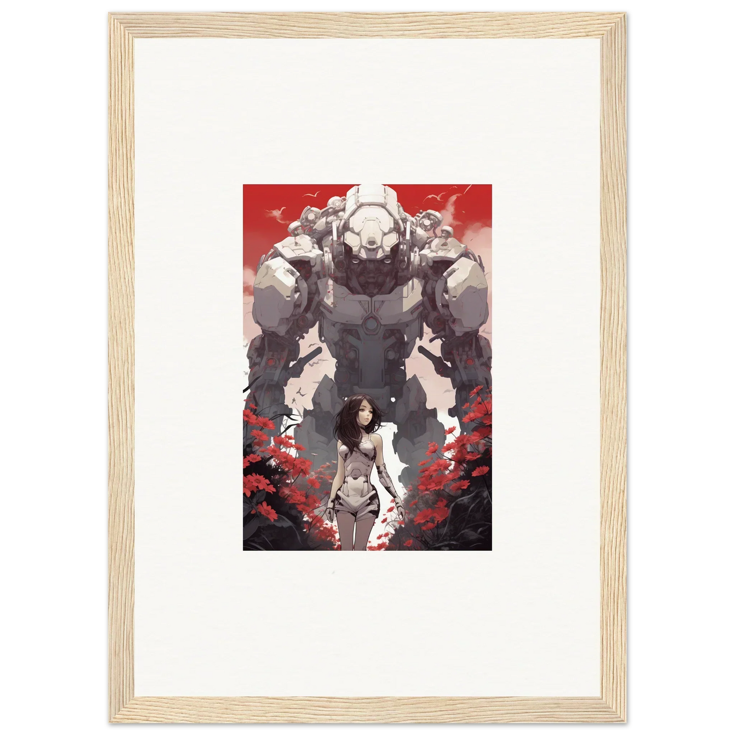 Framed wall art of a woman with a giant robot on a red background, perfect room decor