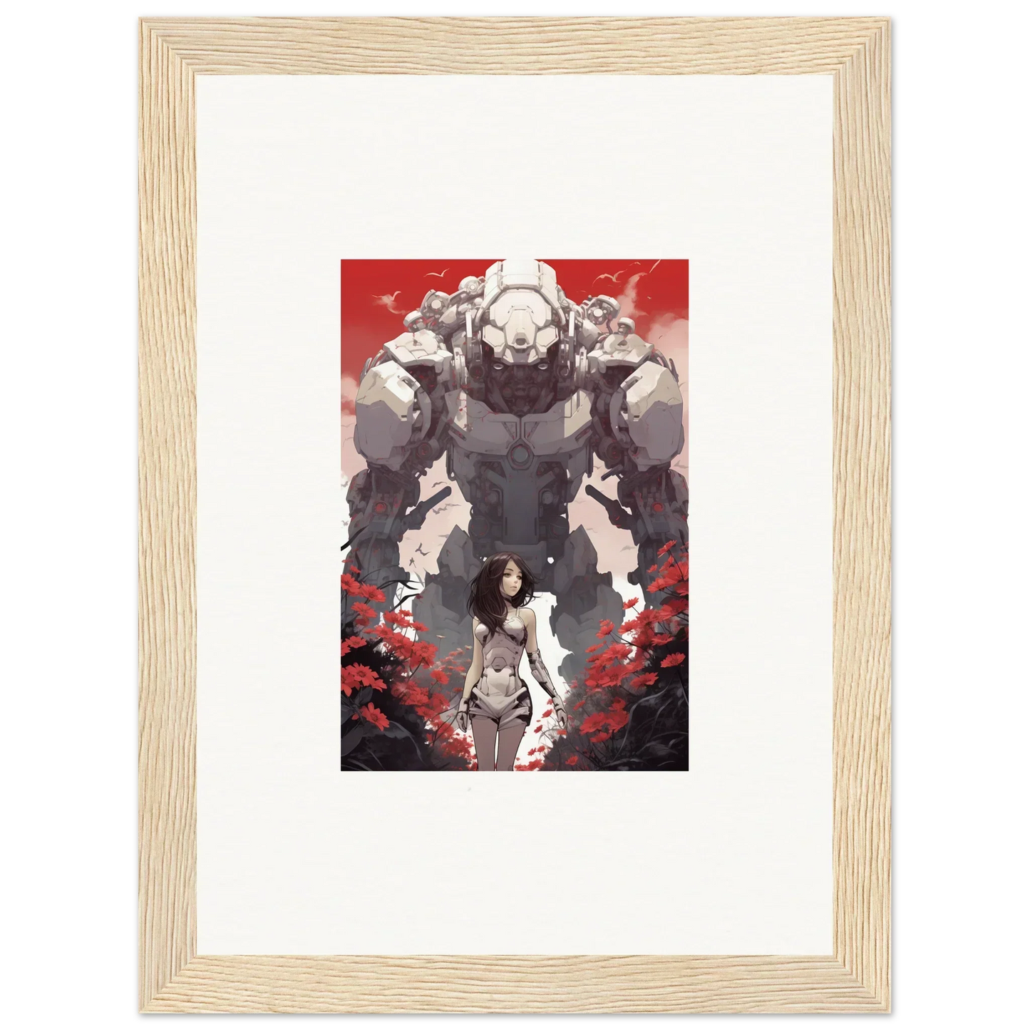 Framed wall art of a female figure with a robotic entity on a red background for room decor