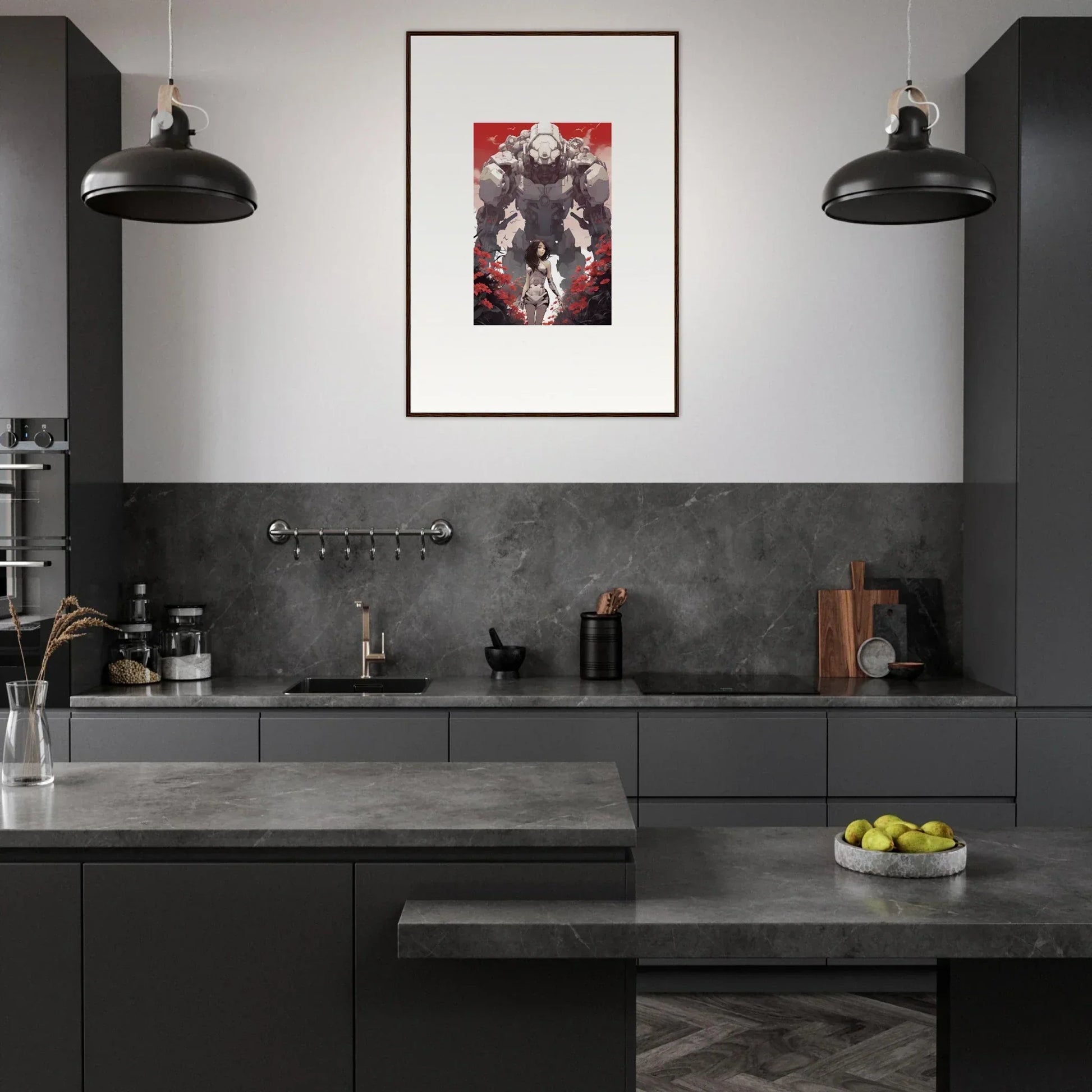 Modern kitchen with dark cabinetry and framed wall art, featuring Rouge Blooming decor