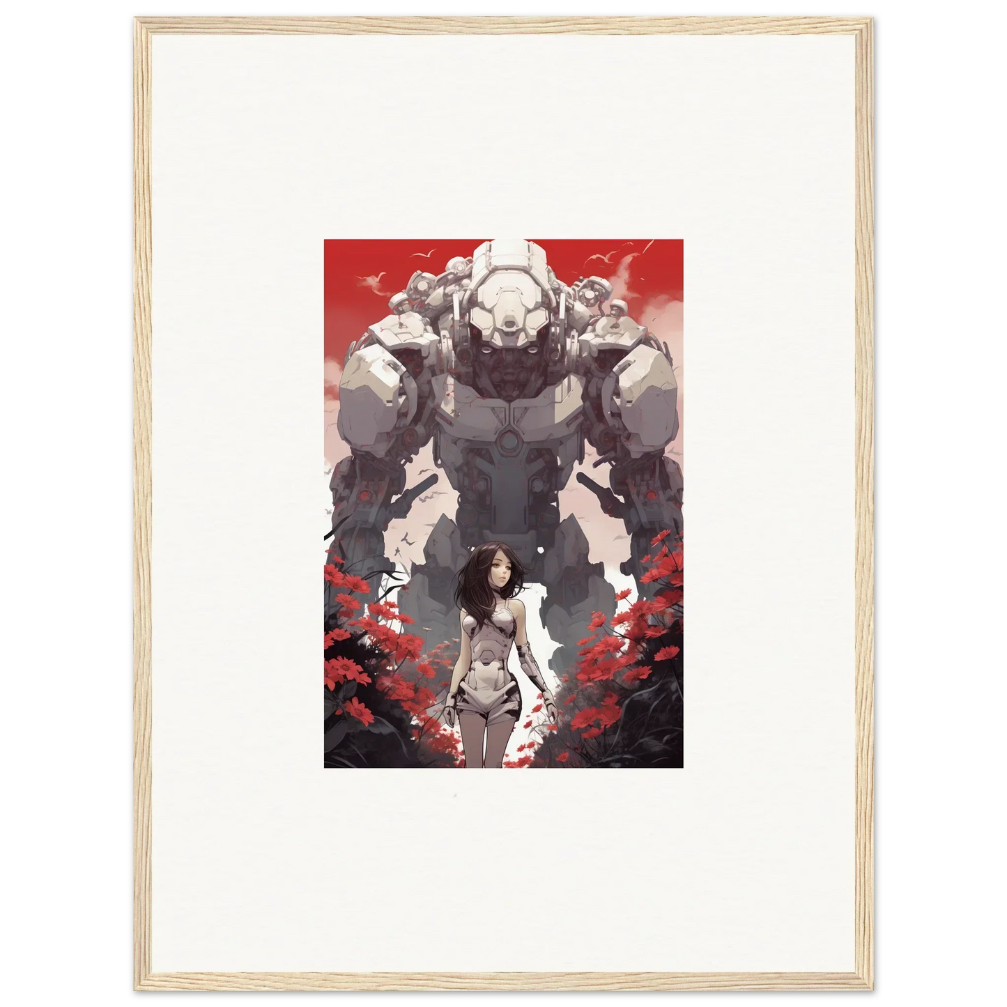 Framed wall art of a woman before a giant robot in a rouge blooming sky