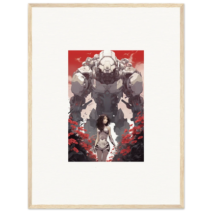 Framed wall art of a woman before a giant robot in a rouge blooming sky