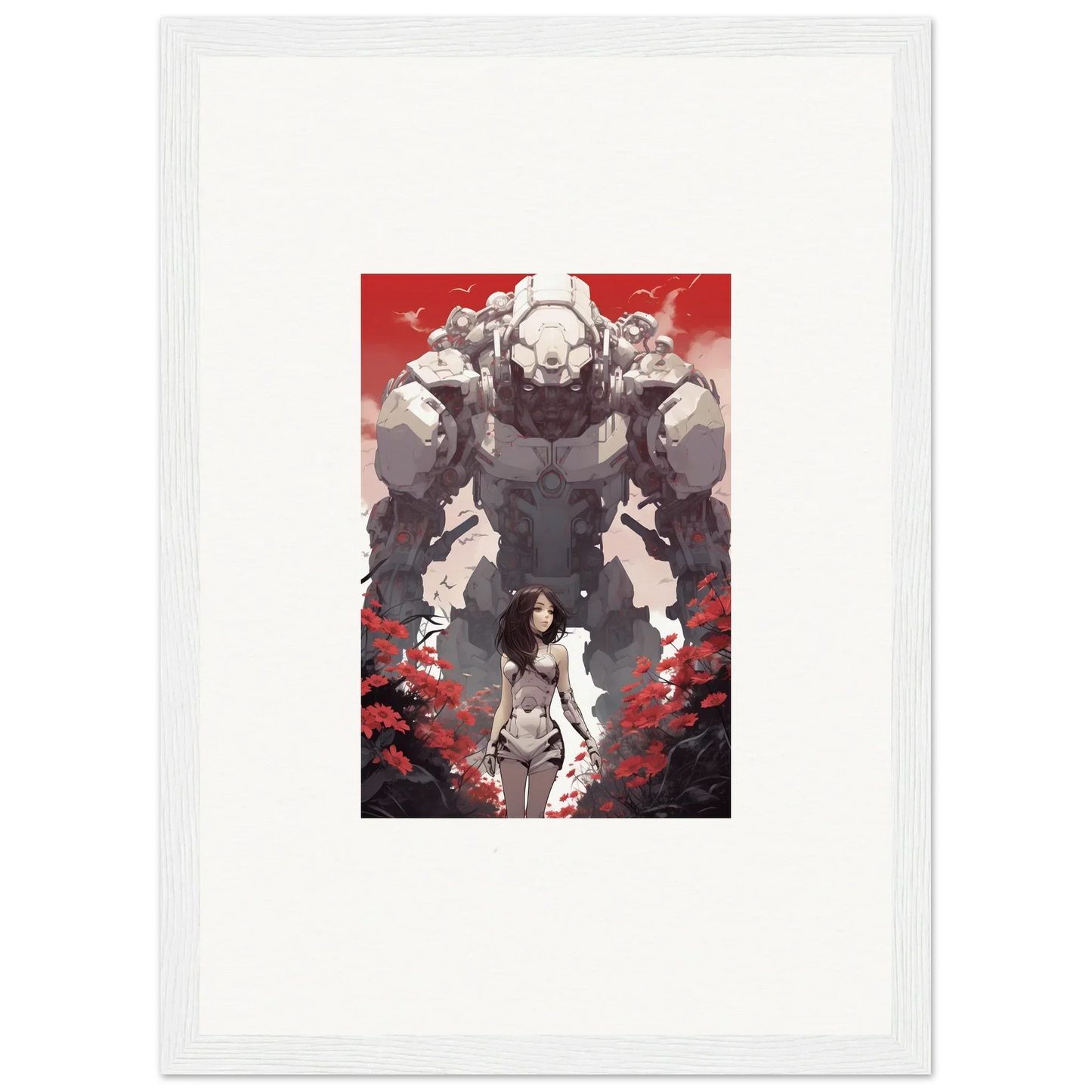 Framed wall art of a woman and robotic figure, perfect for Rouge Blooming room decor