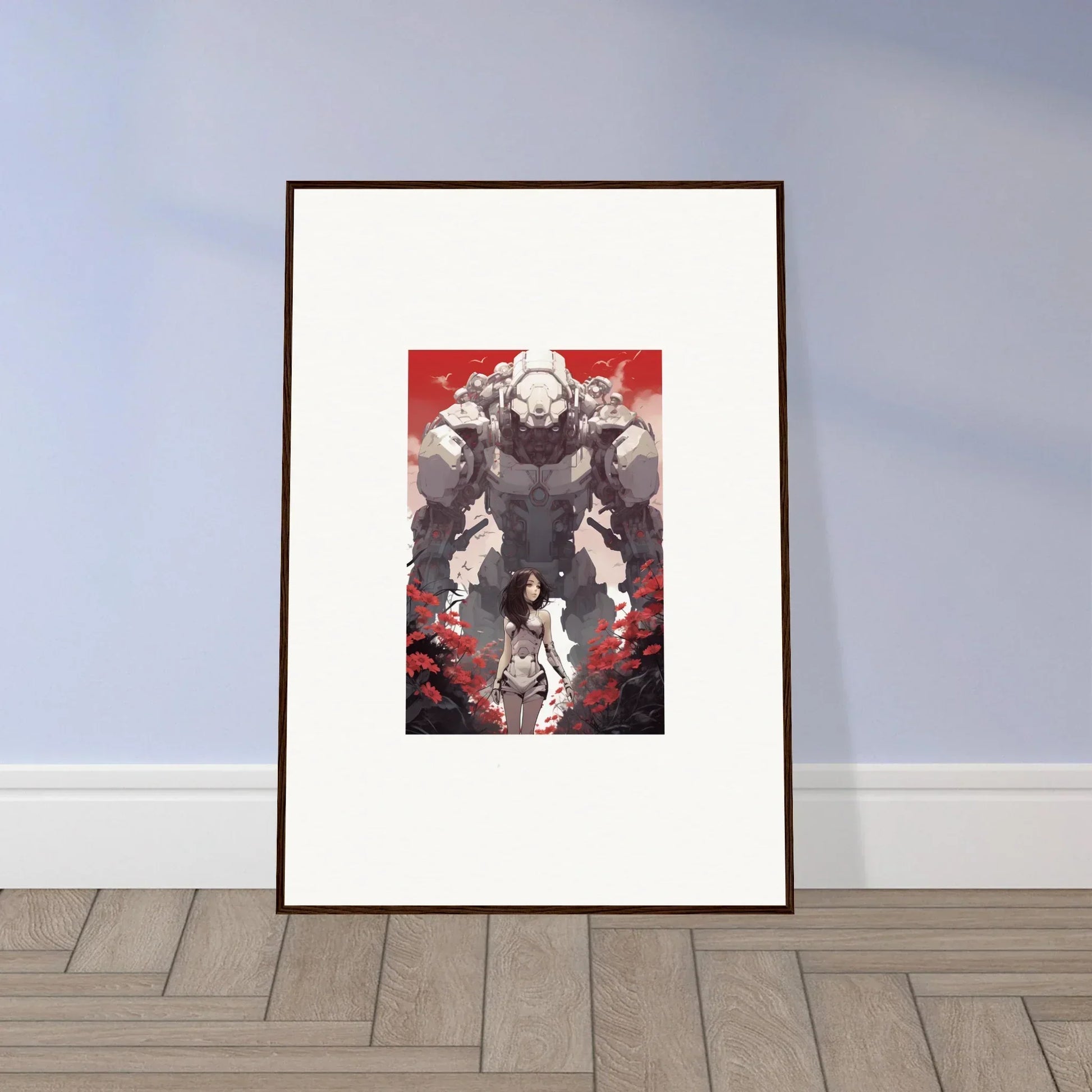 Menacing armored figure over smaller character in framed wall art for Rouge Blooming room decor