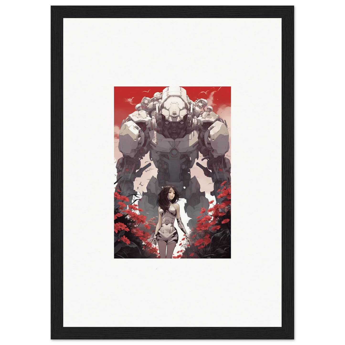 Framed wall art of a woman before a robotic figure on a red background for room decor