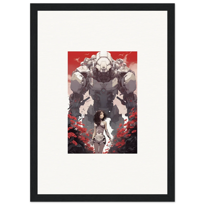 Framed wall art of a woman before a robotic figure on a red background for room decor