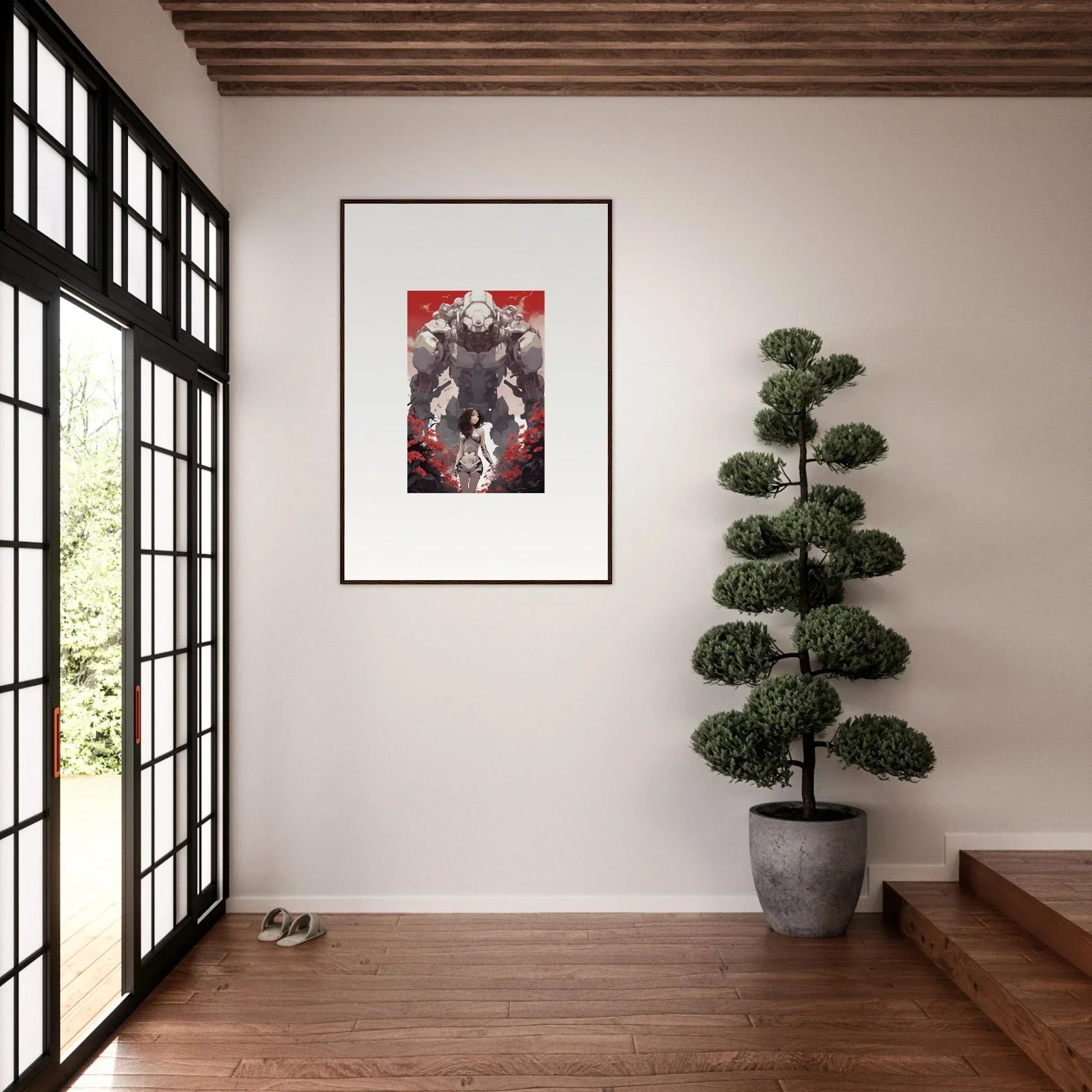 Framed wall art featuring a muscular superhero on a rouge blooming background