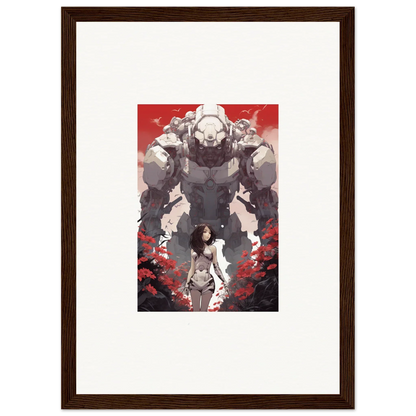 Framed wall art of a woman and robot on red, perfect for Rouge Blooming room decor