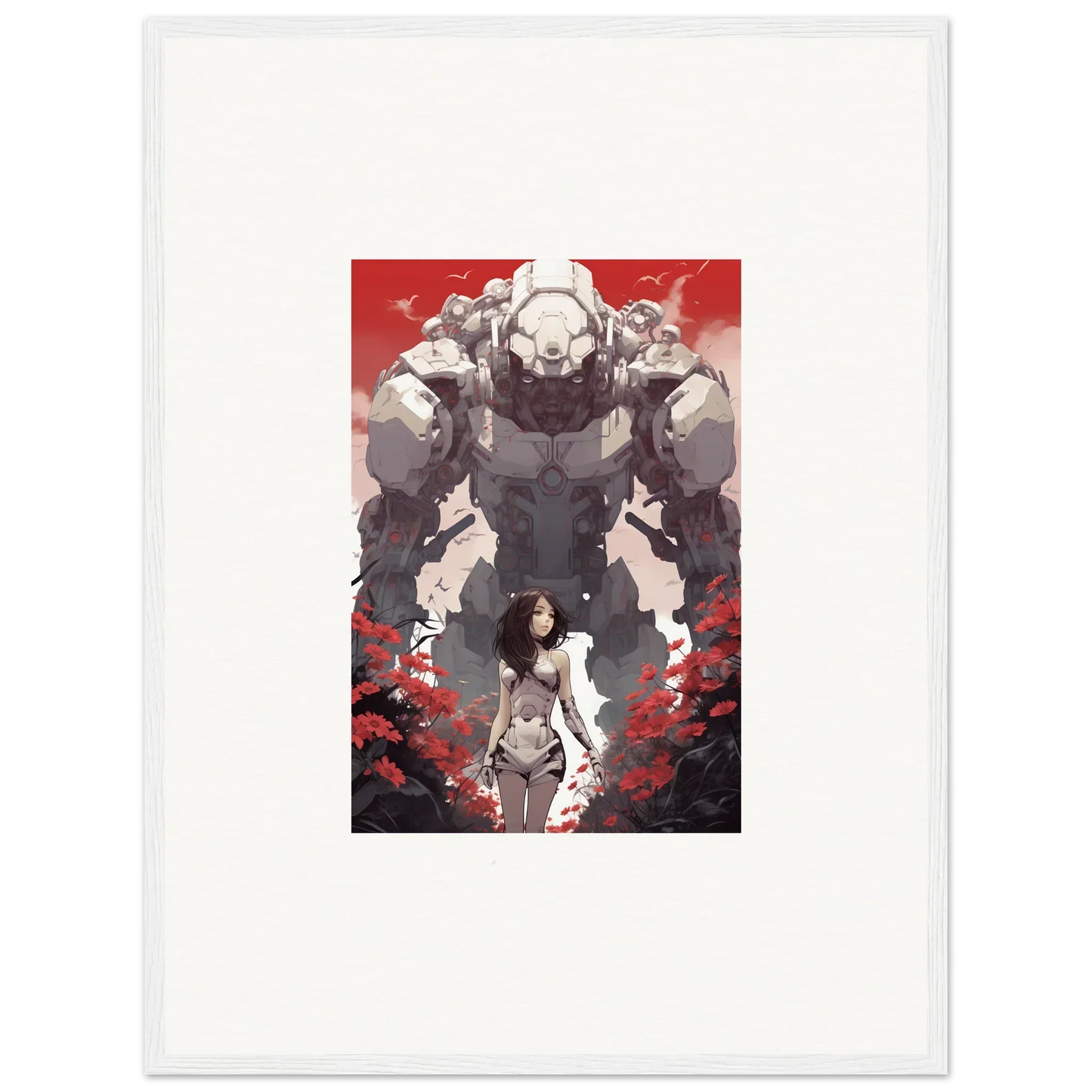 Woman in front of a robotic mech suit in a red sky, perfect for Rouge Blooming room decor