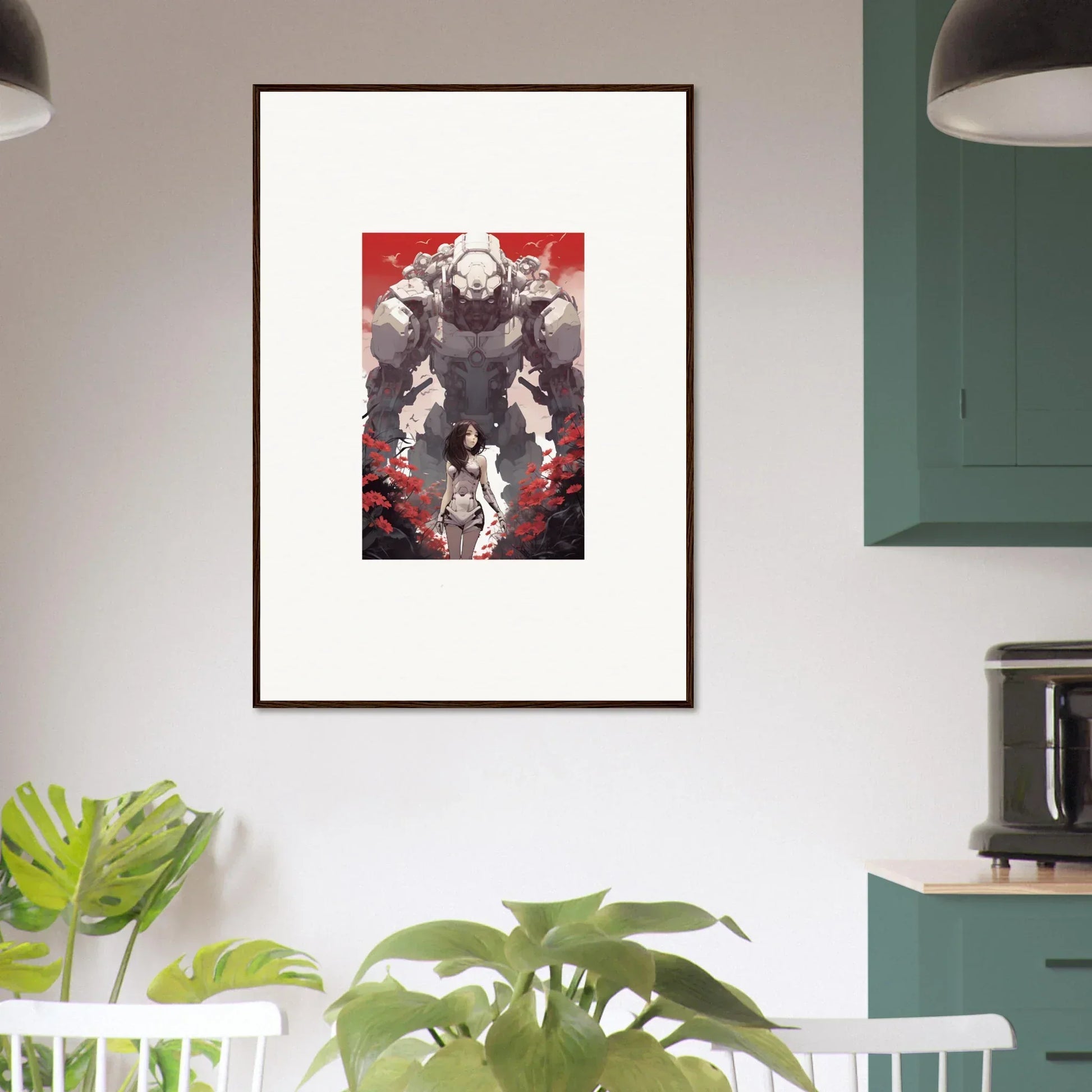 Framed wall art featuring a muscular figure against a red background for room decor