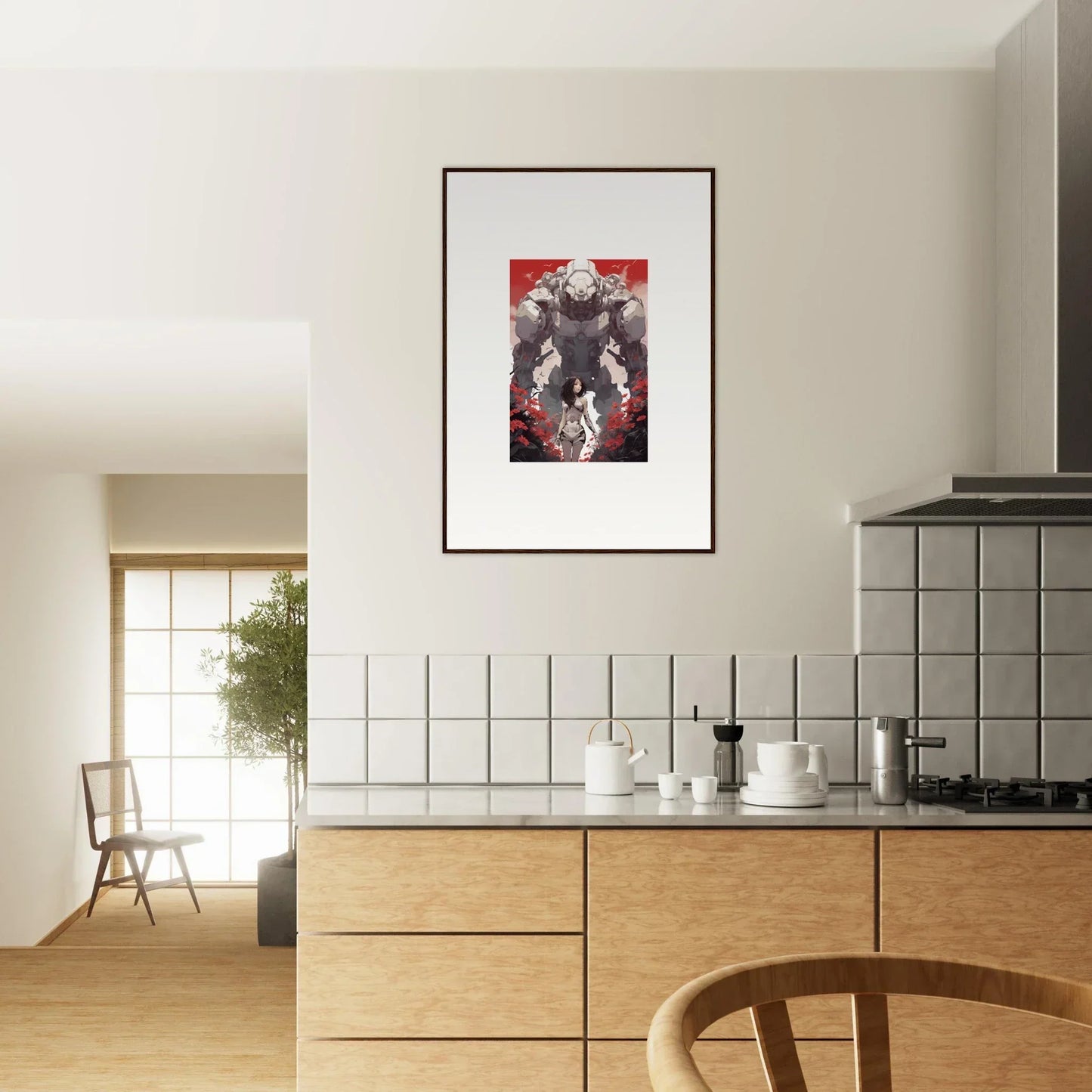 Framed wall art featuring a stylized figure on a rouge blooming background for room decor