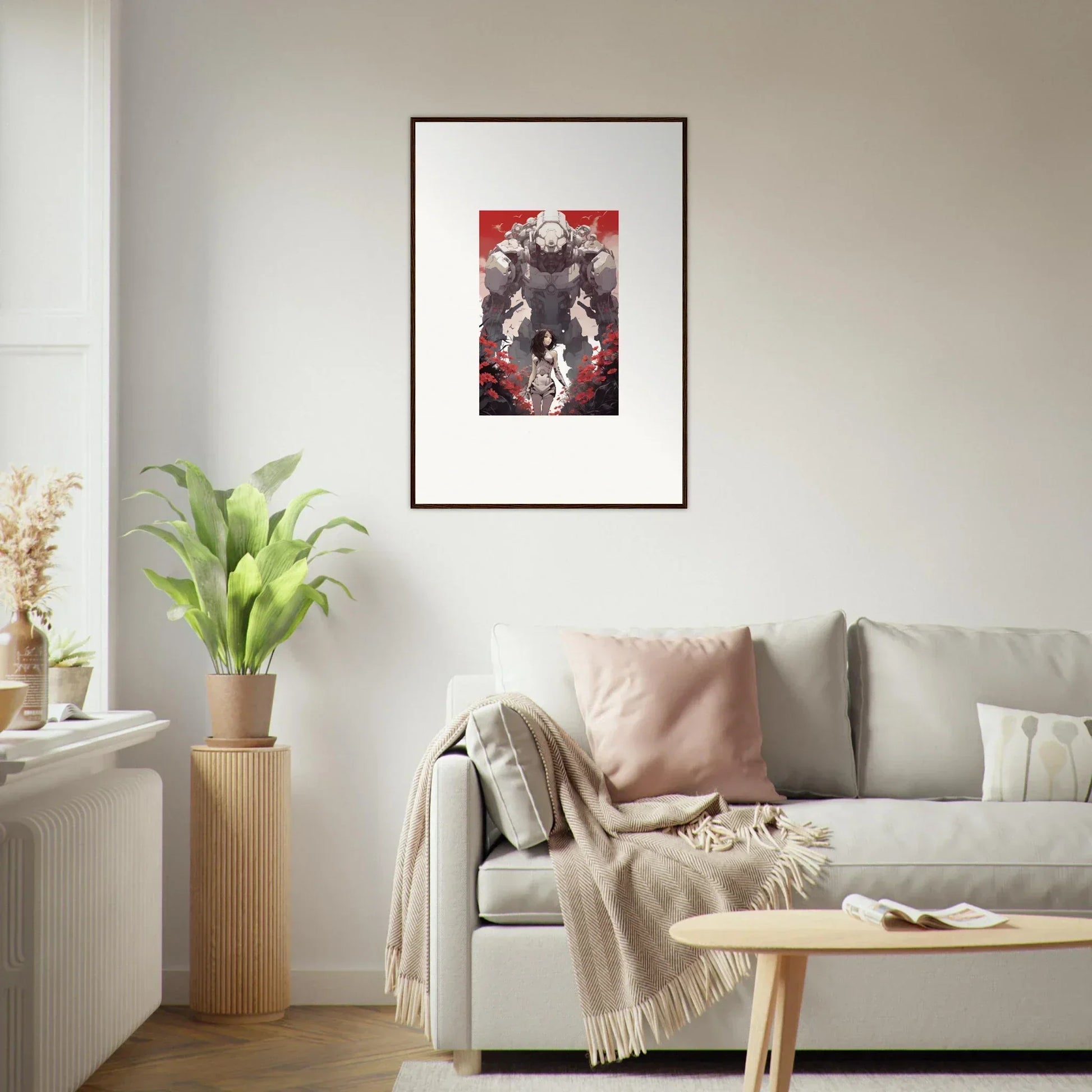 Framed wall art of a robotic figure on red background for Rouge Blooming room decor