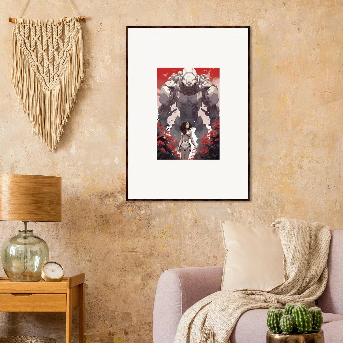 Framed wall art of a muscular humanoid figure on a red background for room decor