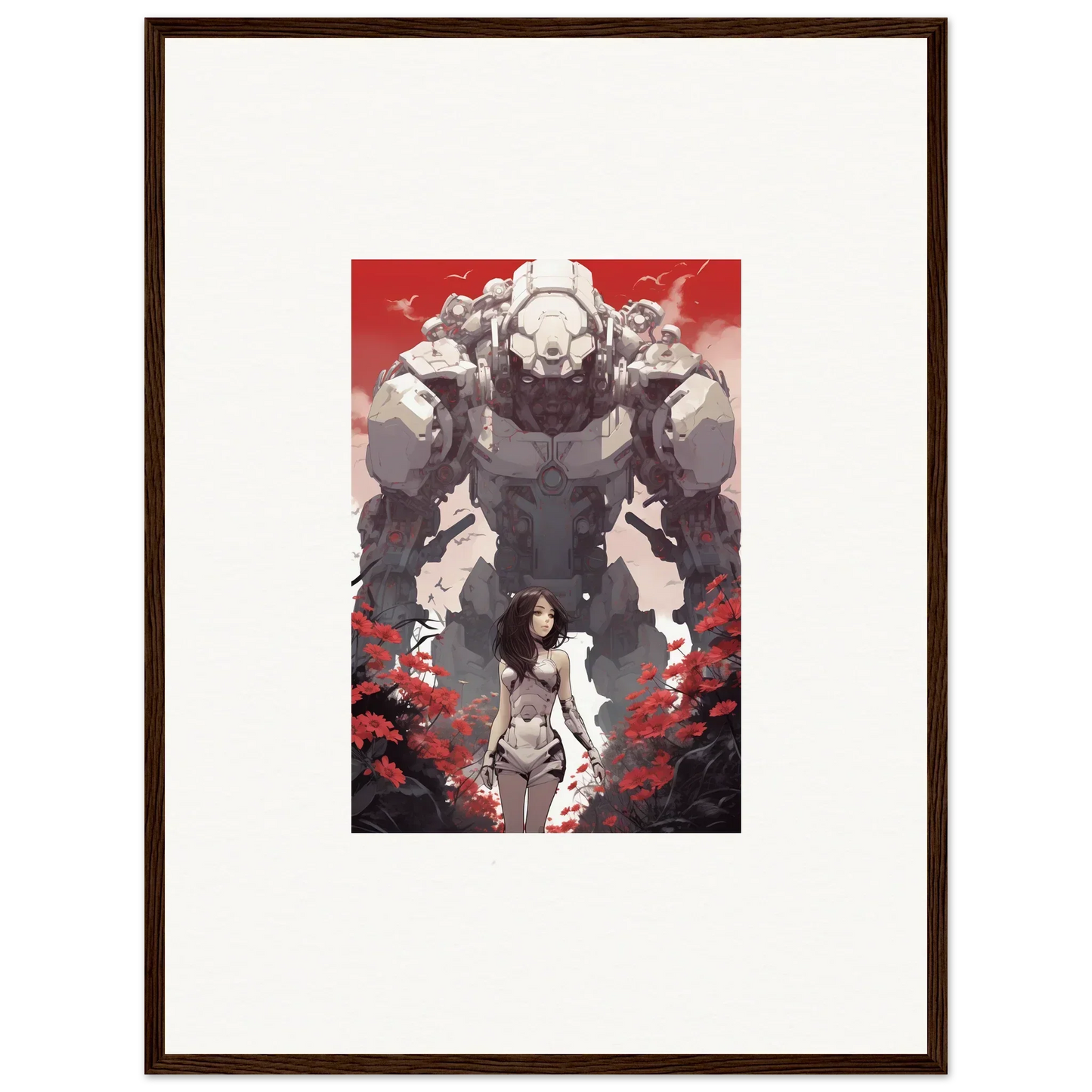 Framed wall art of a woman with a massive robot in a rouge blooming sky for room decor