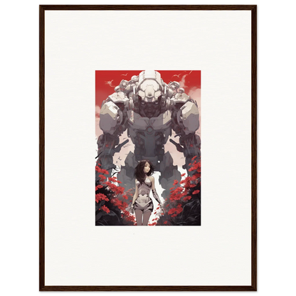 Framed wall art of a woman with a massive robot in a rouge blooming sky for room decor