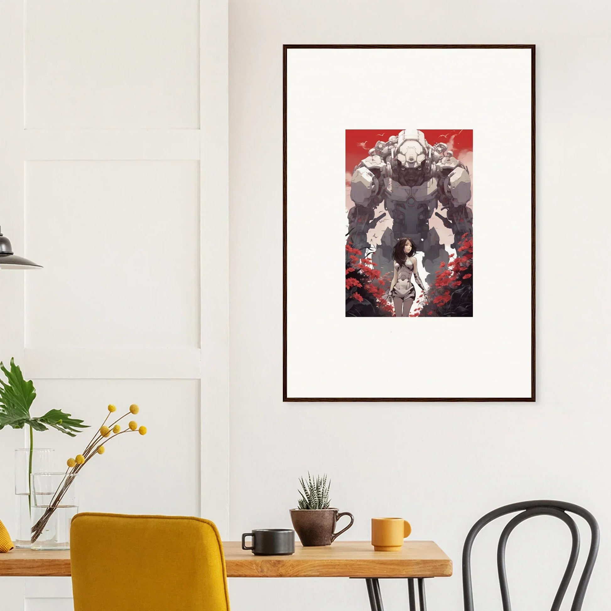 Framed wall art of a robotic figure over a human silhouette in Rouge Blooming theme