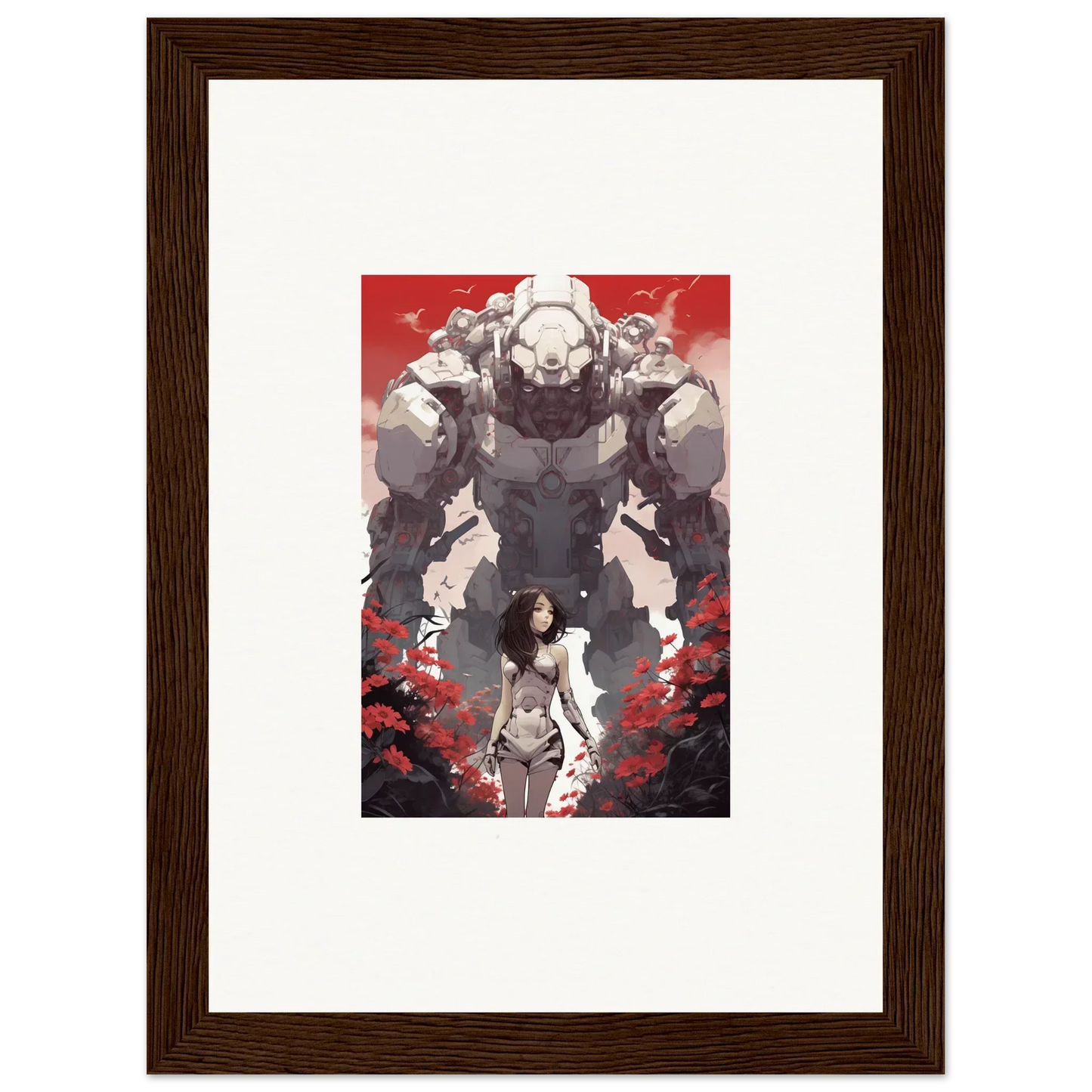 Framed wall art of a woman and robotic figure on a red background, for rouge blooming decor