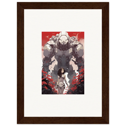 Framed wall art of a woman and robotic figure on a red background, for rouge blooming decor