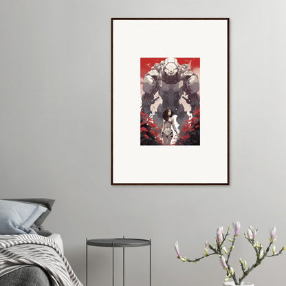 Framed wall art of a towering robot over a character on a rouge blooming background