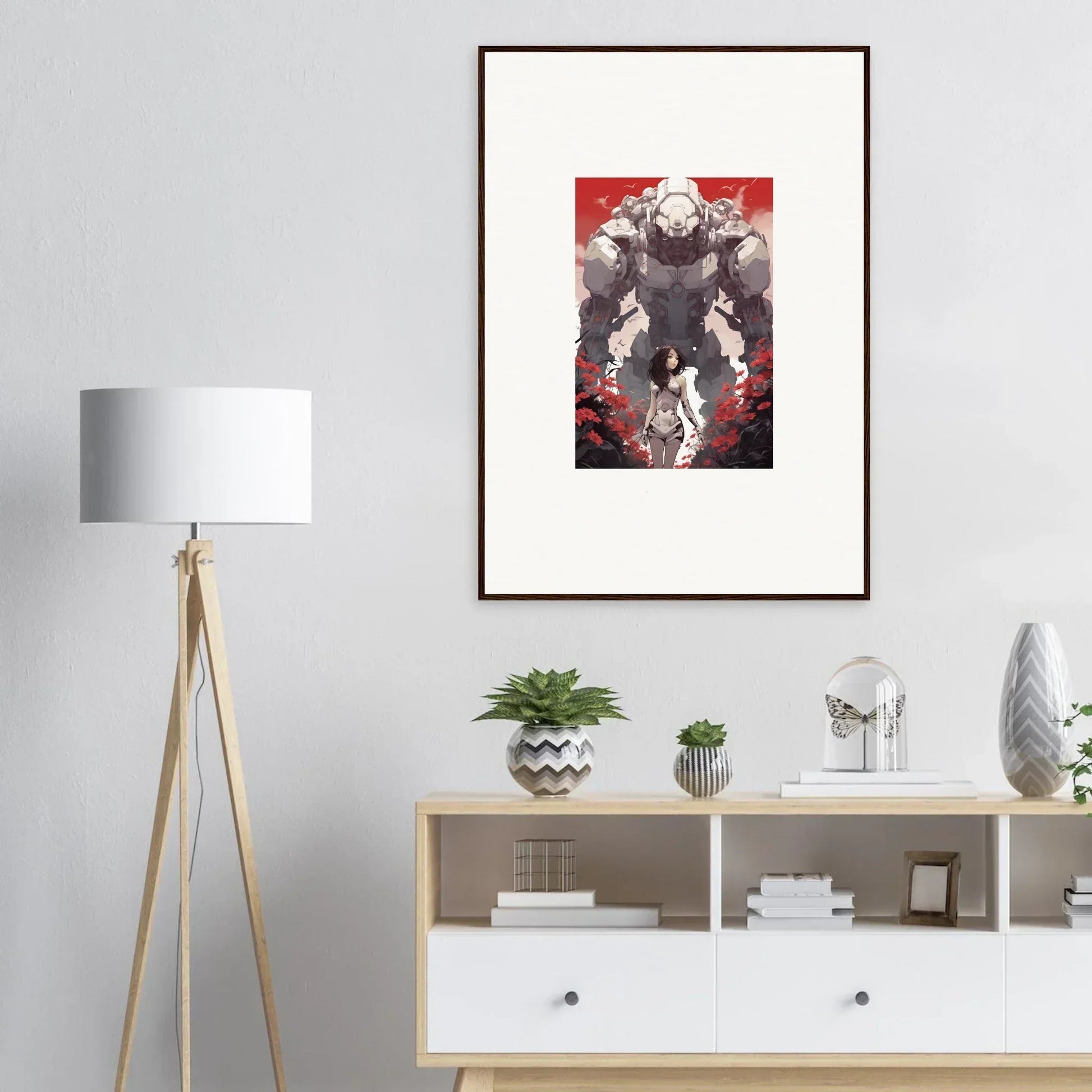 Framed wall art featuring a menacing figure on a rouge blooming background for room decor