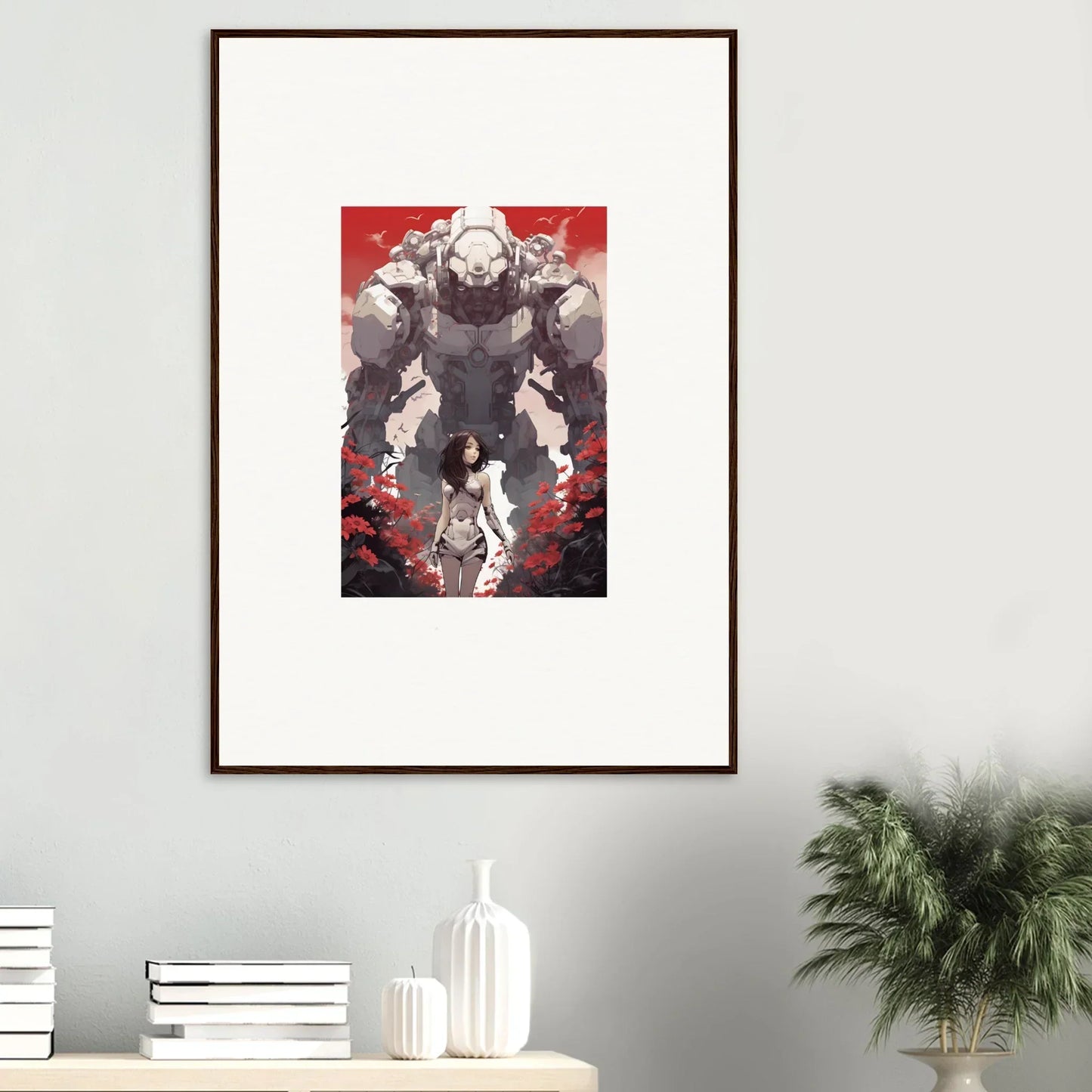 Framed wall art of a menacing robotic figure on a red background for room decor