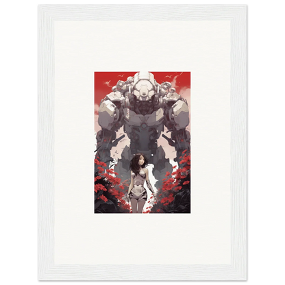 Framed wall art of a woman before a robot on a red background, perfect for rouge blooming room decor