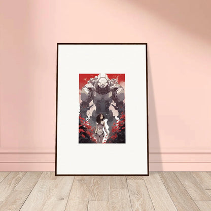 Framed wall art of a robotic figure on a red background for stylish room decor