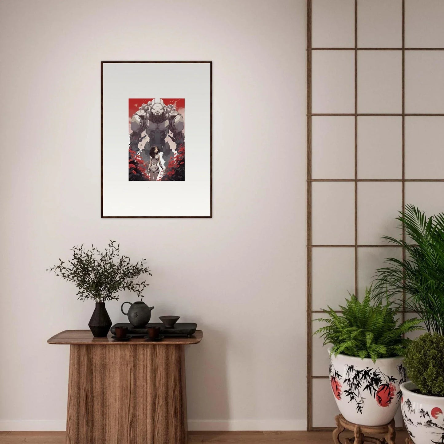 Framed wall art featuring a stylized figure on a rouge blooming background for room decor