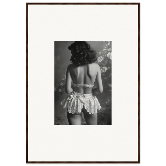 Black and white photograph of a woman in lacy undergarments for Reverie Unbound wall art