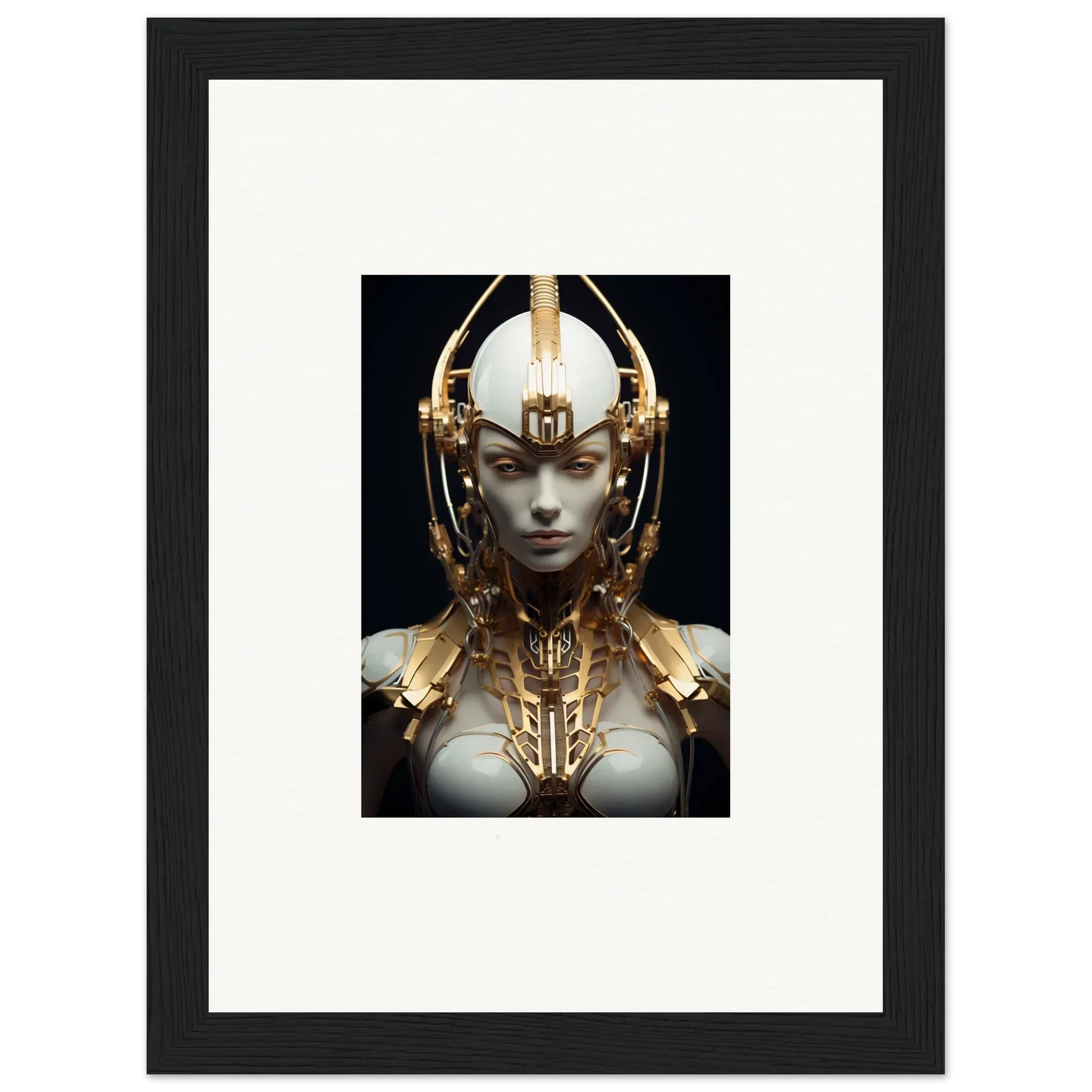 Framed canvas print of a Celestial Conductress in golden armor for stylish room decoration