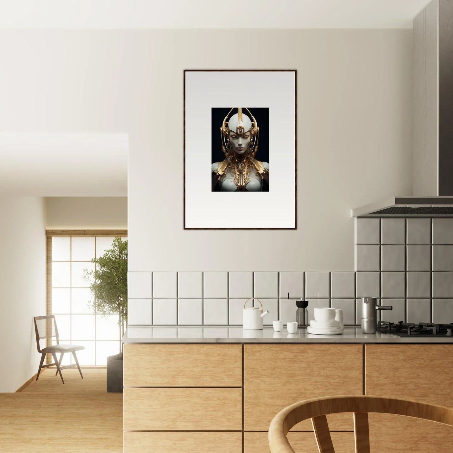 Framed canvas print of a Celestial Conductress in an ornate metallic mask for room decoration