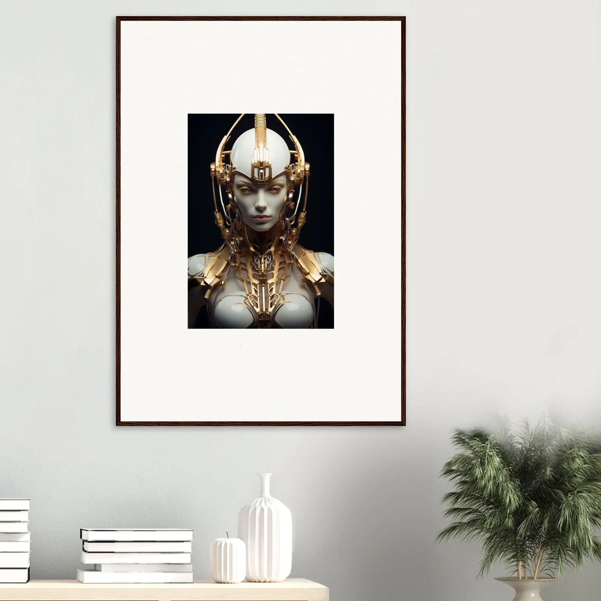 Futuristic golden cyborg artwork for a celestial conductress canvas print, perfect room decoration