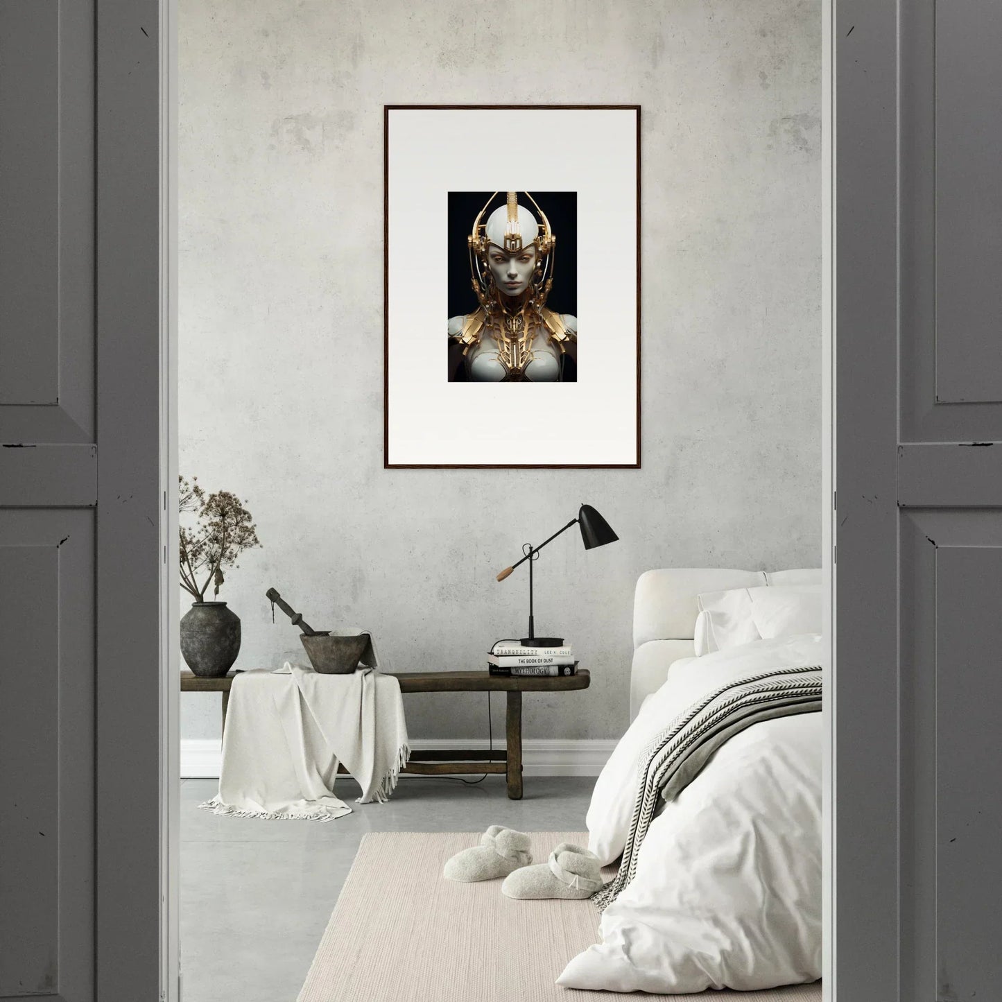 Framed canvas print of a Celestial Conductress with gold elements for stylish room decoration