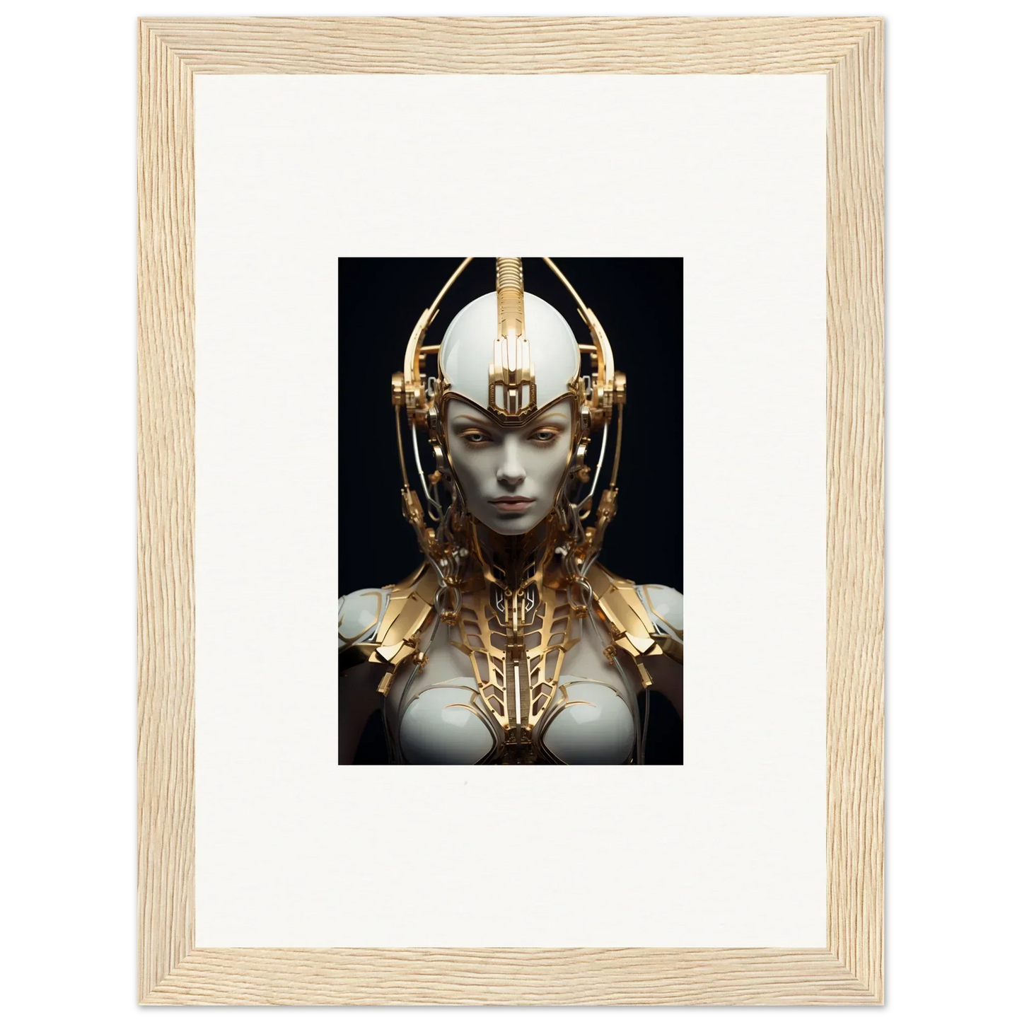 Futuristic portrait of a celestial conductress with a golden headdress for room decoration