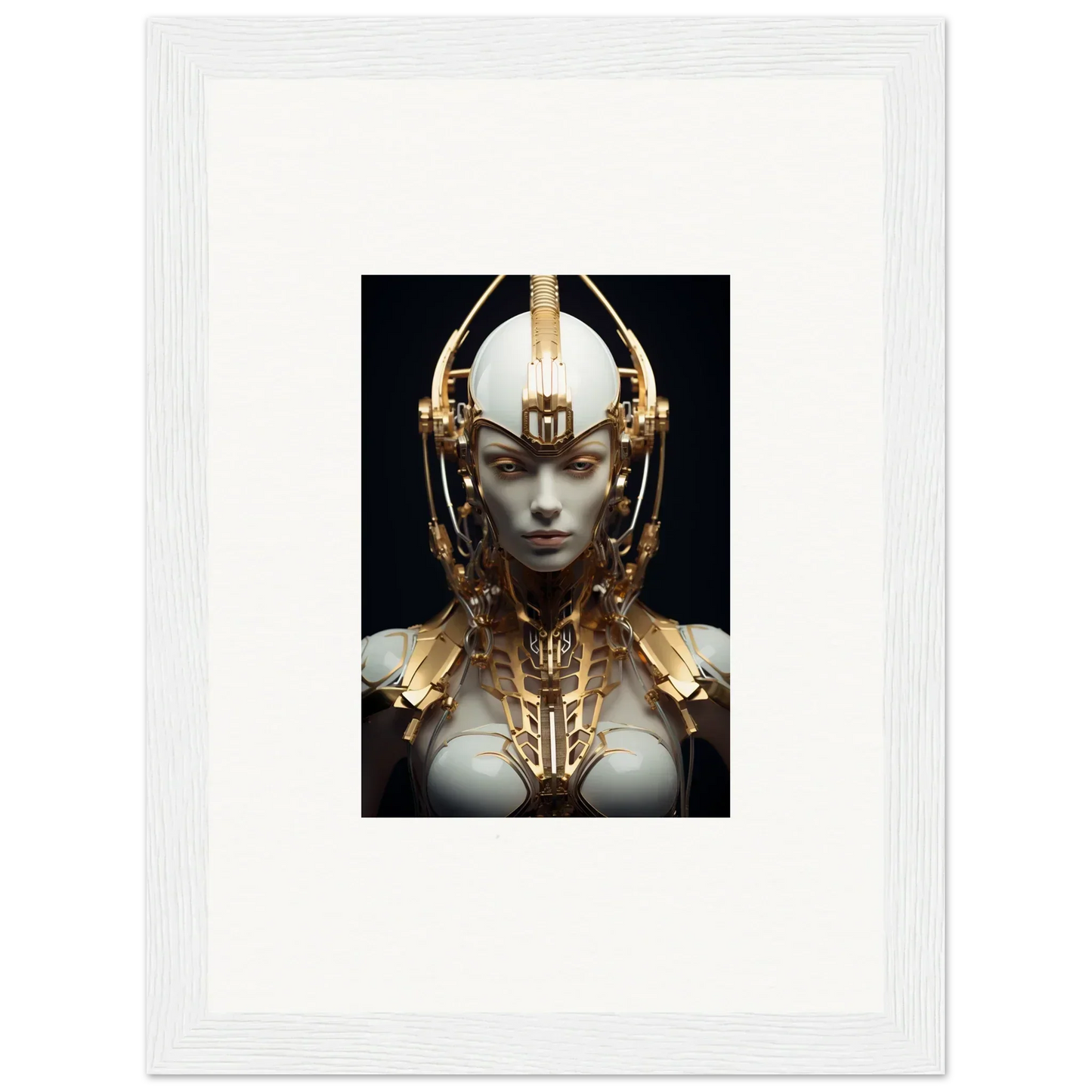 Futuristic humanoid with a golden headdress, perfect for a Celestial Conductress canvas print