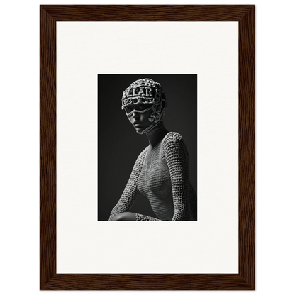 Black and white photograph of a figure wearing an ornate headdress and textured top.