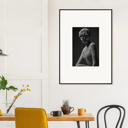 Framed black and white photograph of a classical-style bust sculpture.