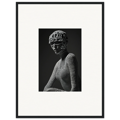 Black and white photograph of a sculptural bust wearing a textured headdress and mesh top.