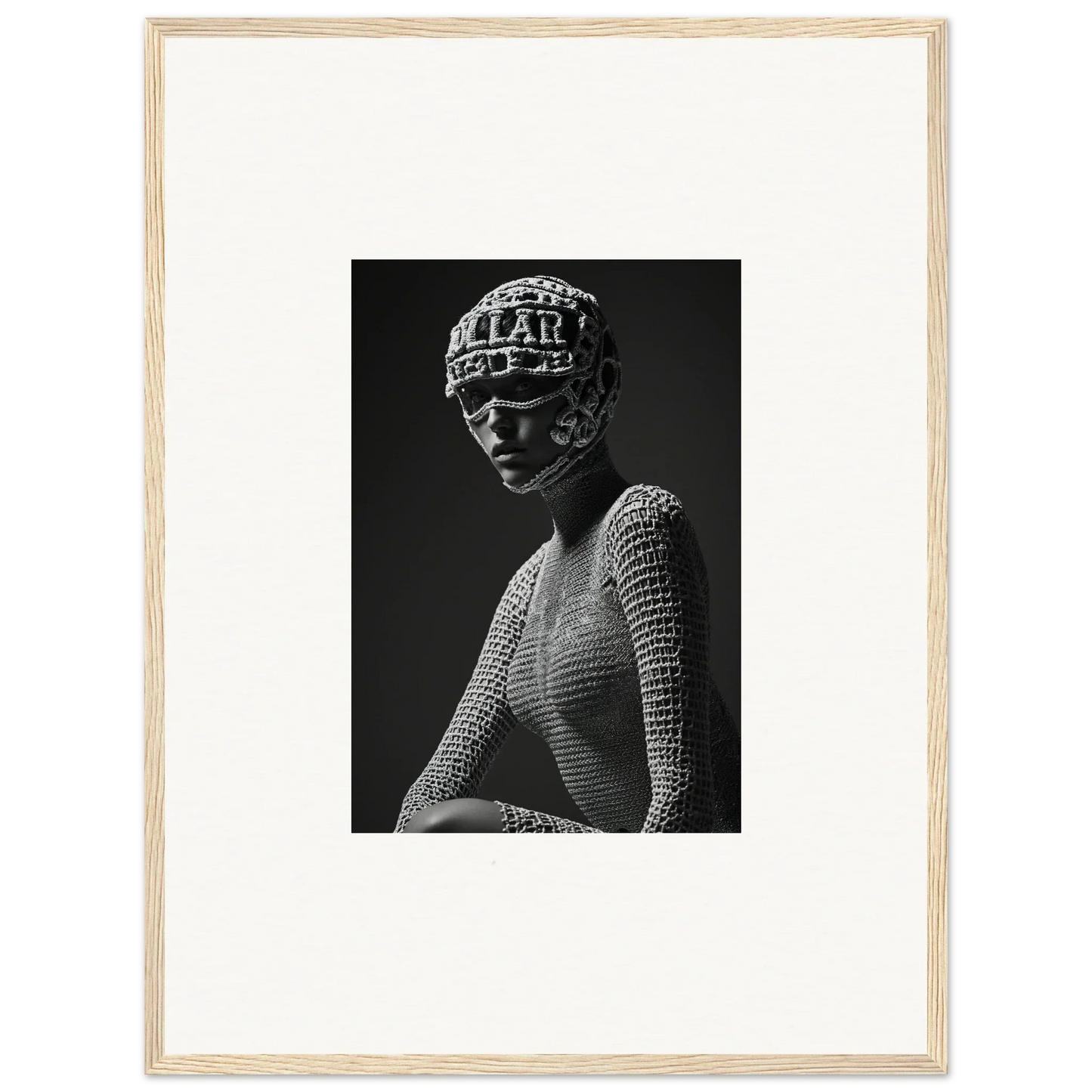 Black and white photograph of a sculptural bust wearing an ornate headdress and textured garment.