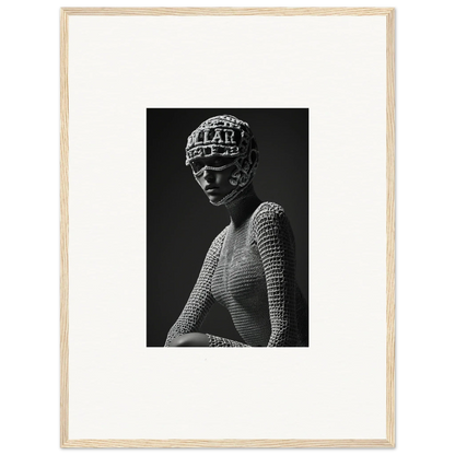 Black and white photograph of a sculptural bust wearing an ornate headdress and textured garment.